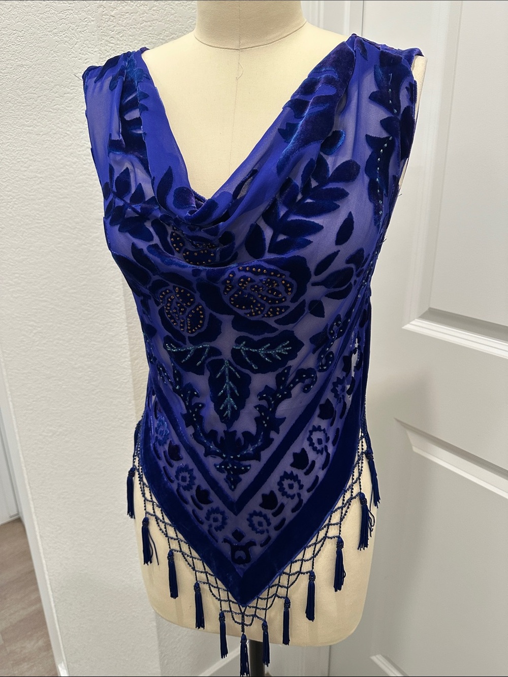 Royal Blue Appliqué Tassel Top burn out velvet boho festival silk handmade